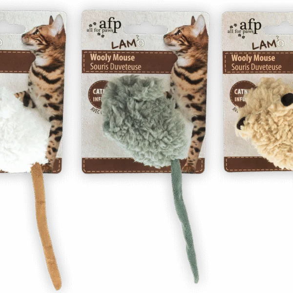 Speelmuis met Catnip en Muisgeluid, 7 x 7 x 3 cm – AFP Lambswool Wooly Mouse