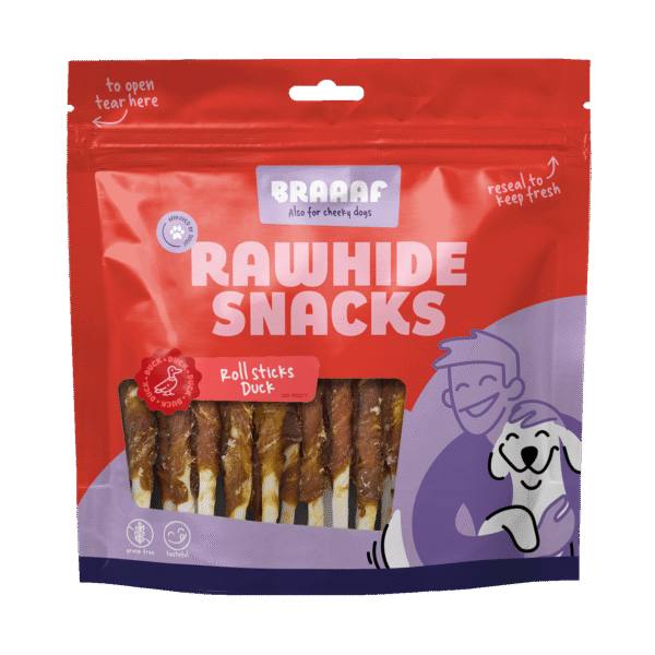 Kauwstaafjes met Eend, 30 Stuks – Braaaf Rawhide Roll Sticks