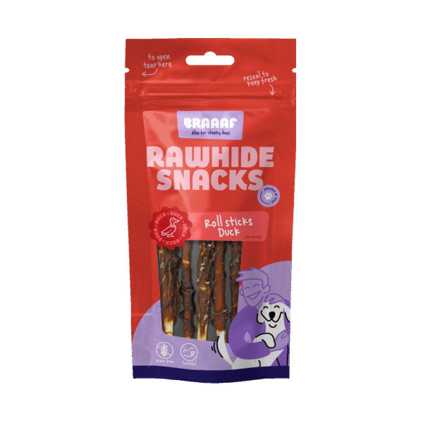 Kauwstaafjes met Eend, 8 Stuks – Braaaf Rawhide Roll Sticks