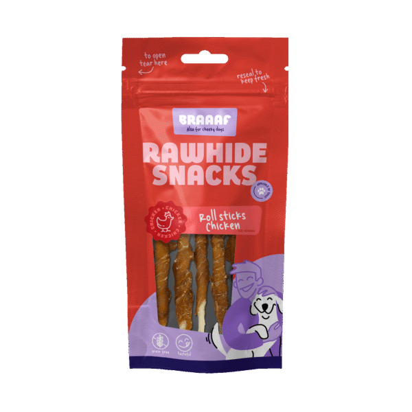 Kauwstaafjes met Kip, 8 Stuks – Braaaf Rawhide Roll Sticks