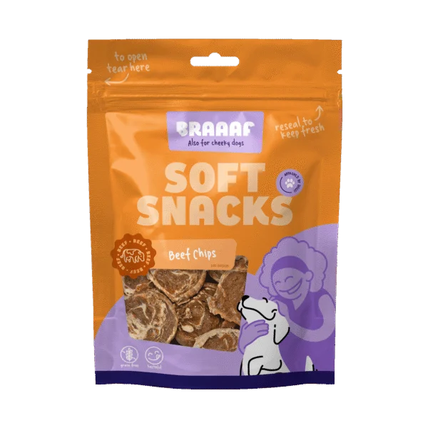 Hondensnack in Chipsvorm met Rund en Vis, Graanvrij, 85 g – Braaaf Soft Snack Chips