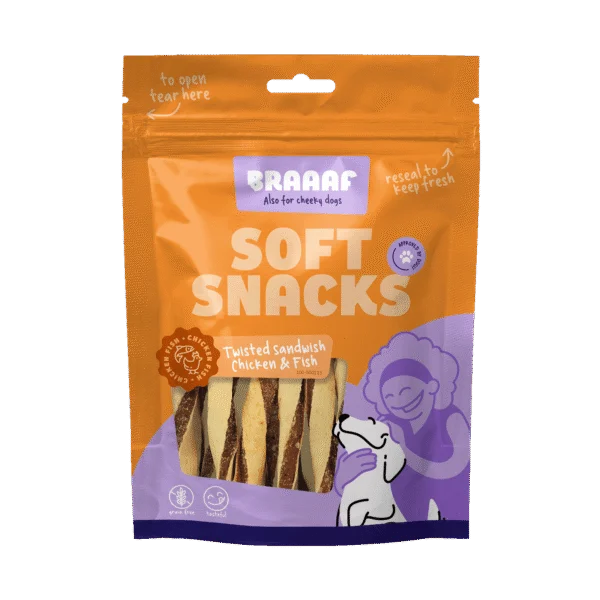 Hondensnack in Gedraaide Sandwichvorm met Kip en Vis, Graanvrij, 85 g – Braaaf Soft Snack Gedraaide Sandwich