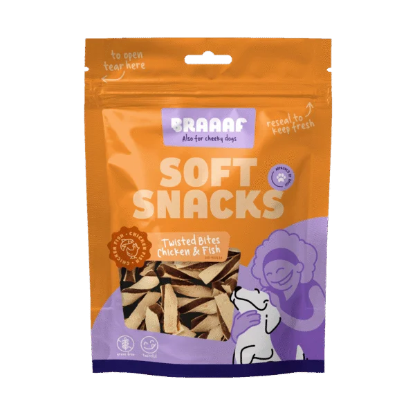 Hondensnackbites met Kip en Vis, Graanvrij, 85 g – Braaaf Soft Snack Gedraaide Bites