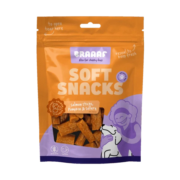 Hondensnackreepjes met Zalm, Pompoen en Selderij, 85 g – Braaaf Soft Snack