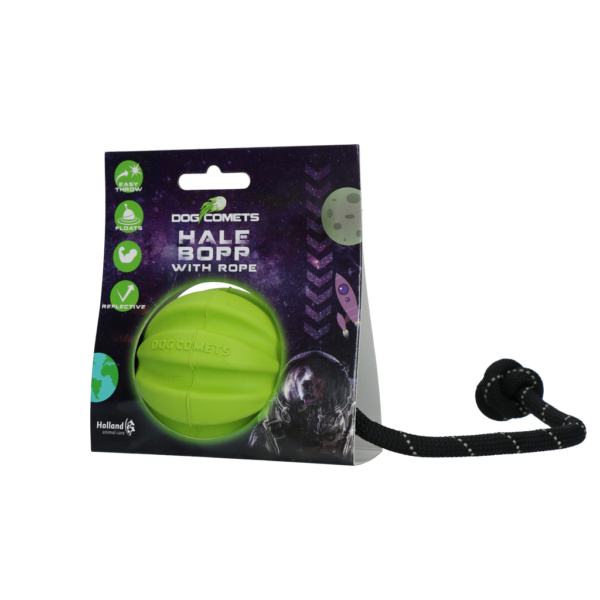 Hondenbal met Touw van Natuurlijk Rubber, 6 cm, Groen – Dog Comets Hale Bopp