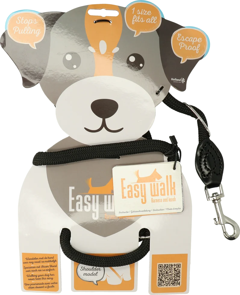 Hondentuig met Riem van Touw, Zwart, Regular 345 cm – Easy Walk Schoudermodel - Afbeelding 1