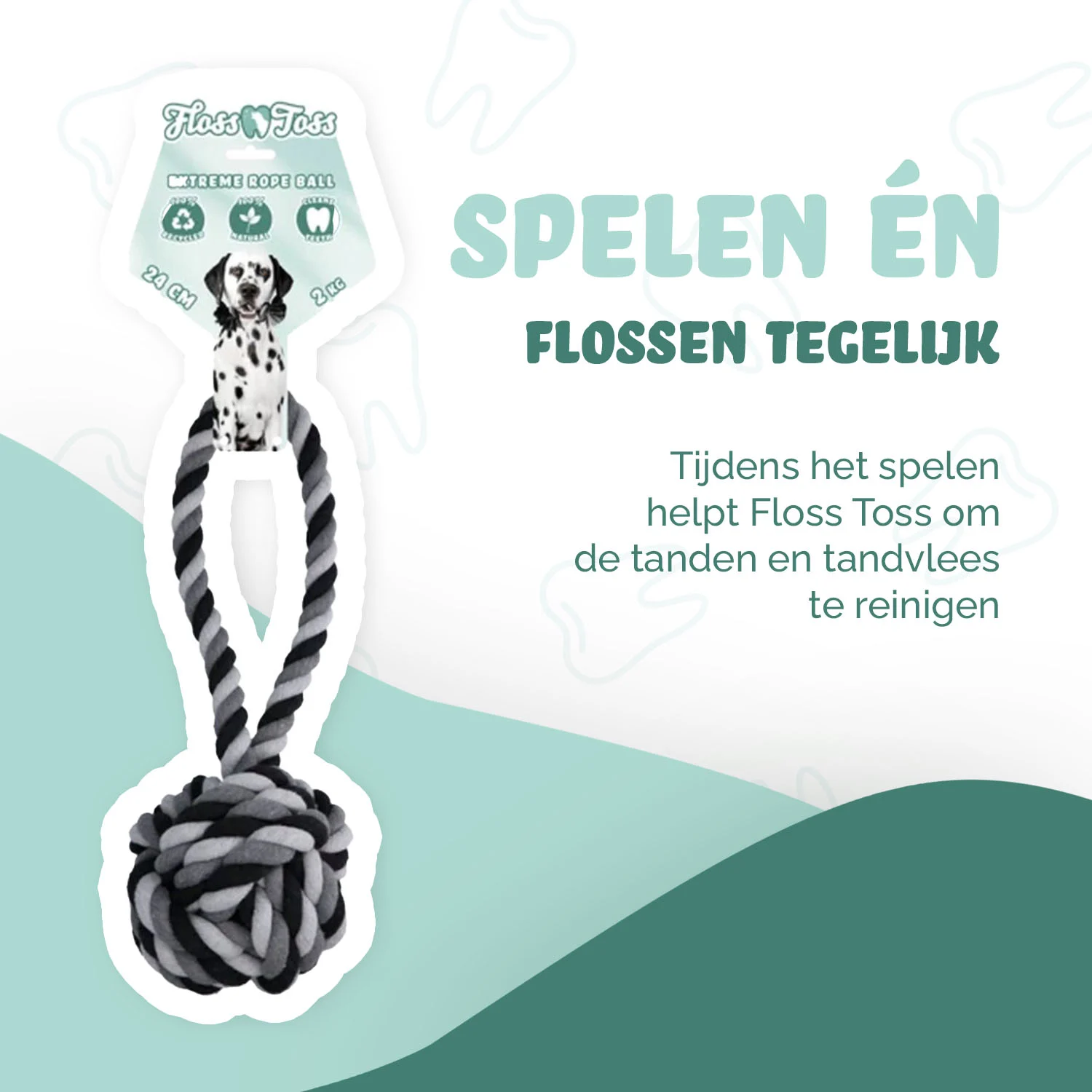Hondentouw van Katoen met Bal, 60 cm – Floss Toss Natural Dental Ropes Dental Rope Exteme Tug and Ball - Afbeelding 2