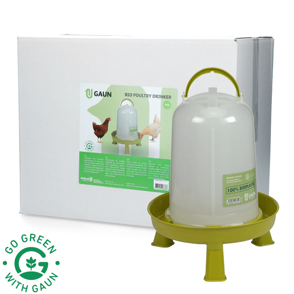 GAUN11097.png Drinktoren voor Kippen op Pootjes van Gerecycled Kunststof Limoengroen 10 l – Gaun Bio - Afbeelding 1