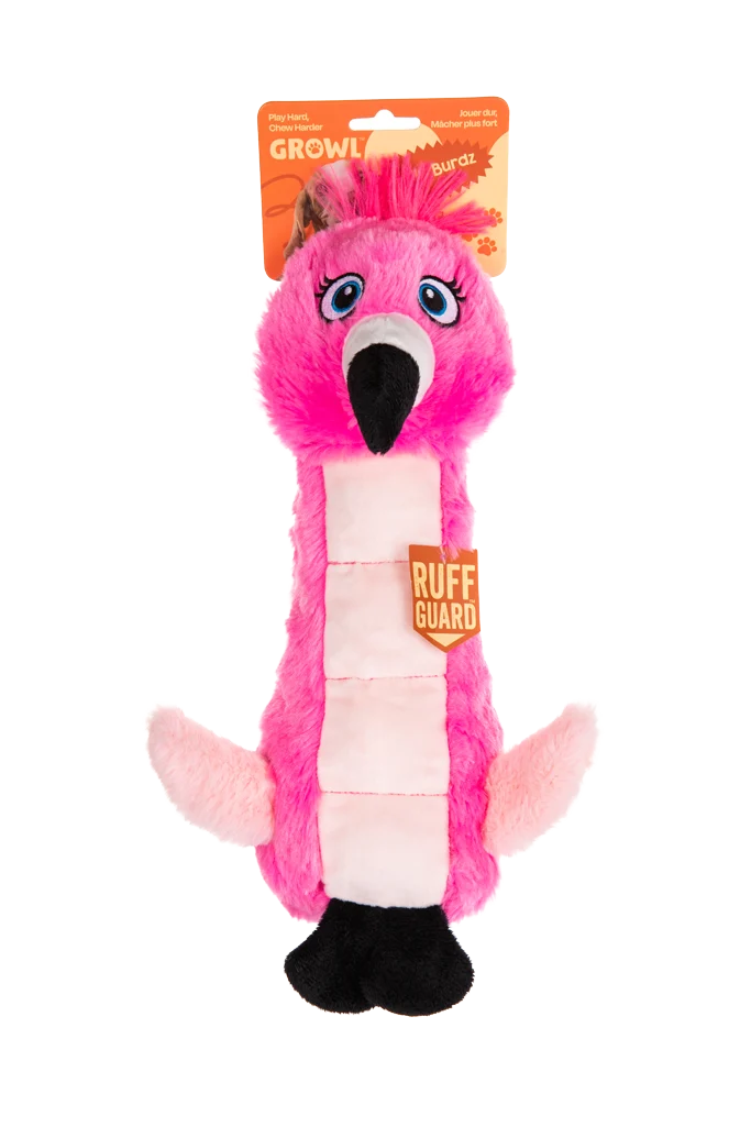GROWL52034.png Hondenknuffel Flamingo van Pluche met Piepmat en Pieper – Growl Belly Burdz Fione de Flamingo - Afbeelding 1