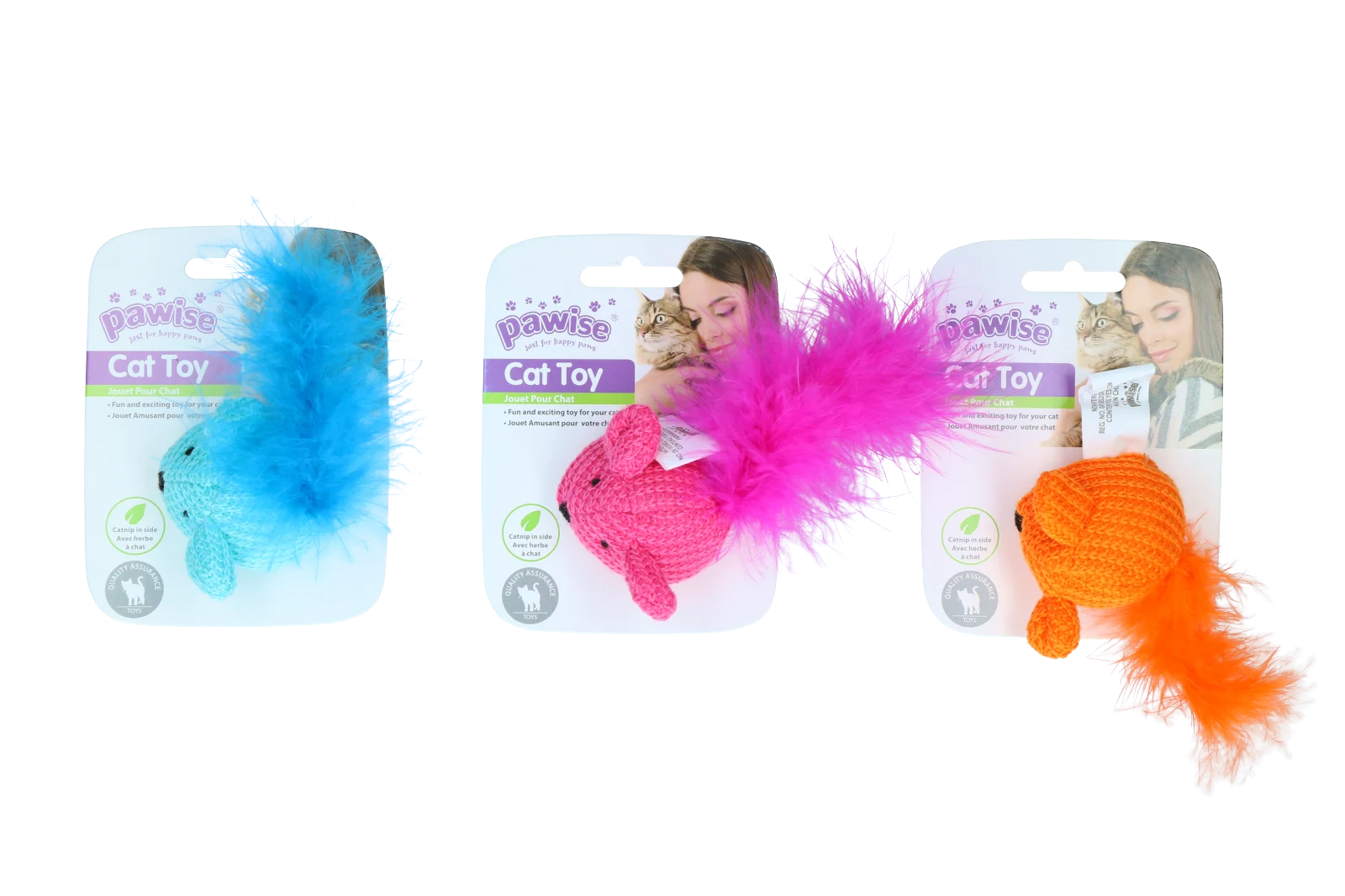 Speelmuis met Catnip en Veertjes, 14 cm – Pawise Cat Toy Wool Mouse - Afbeelding 1