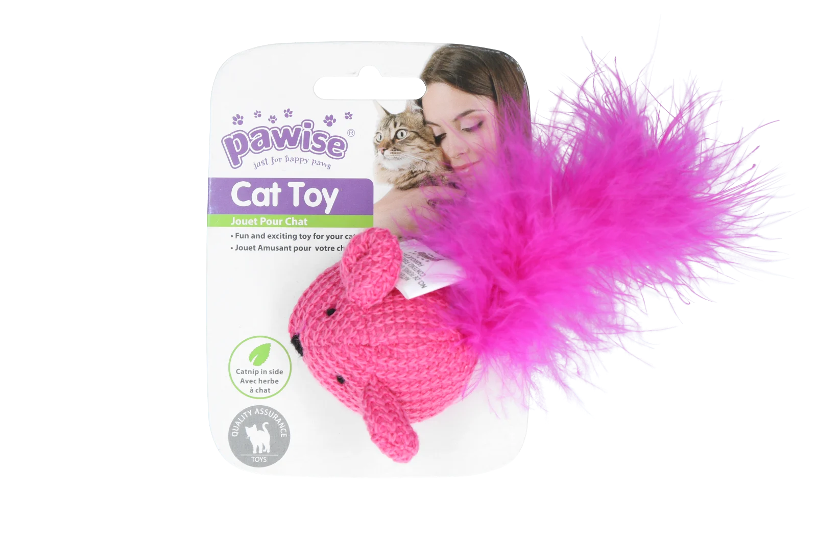 Speelmuis met Catnip en Veertjes, 14 cm – Pawise Cat Toy Wool Mouse - Afbeelding 3