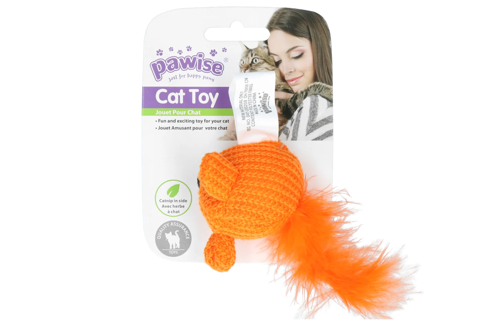 Speelmuis met Catnip en Veertjes, 14 cm – Pawise Cat Toy Wool Mouse - Afbeelding 2