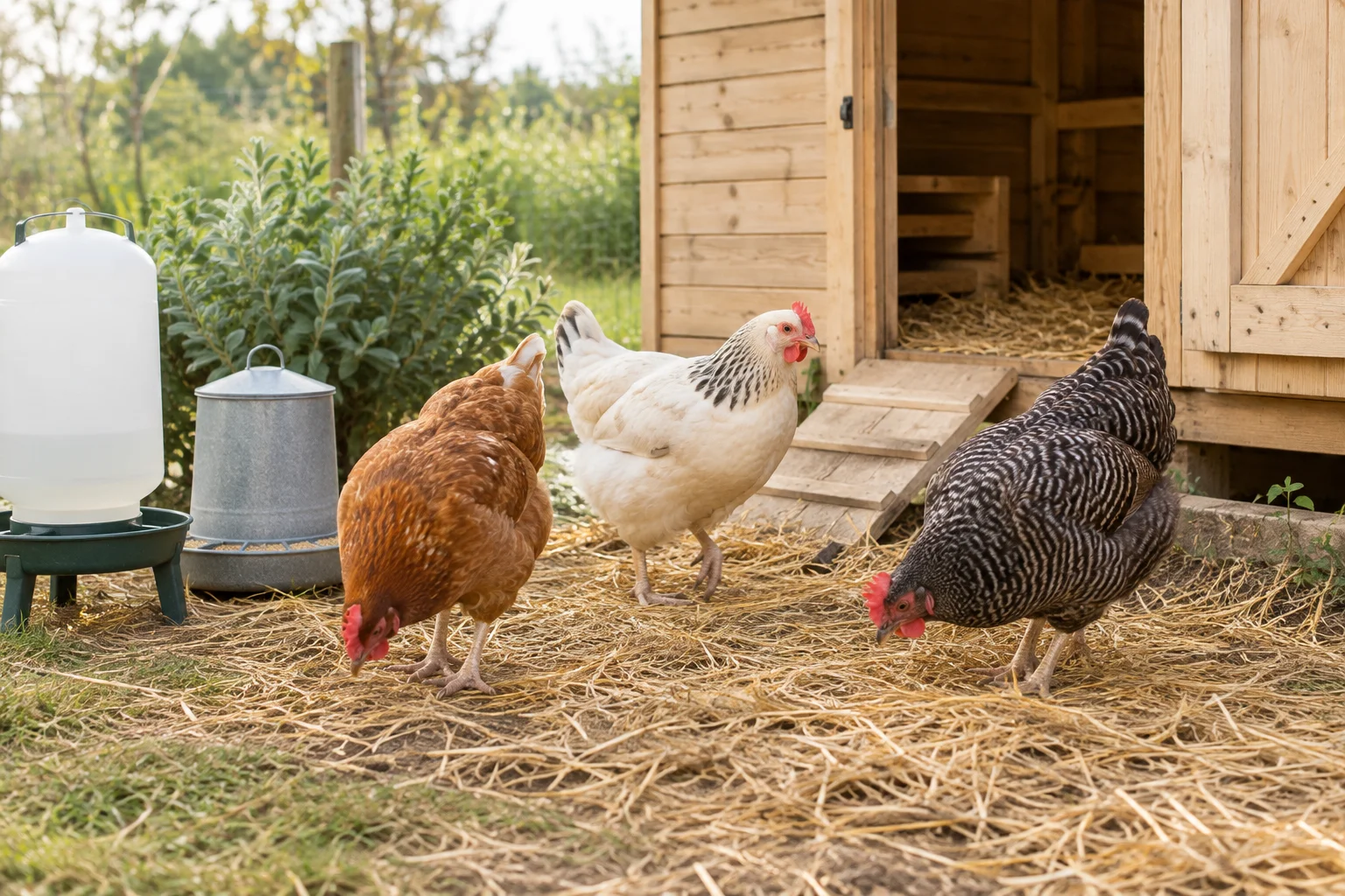 Drie kippen scharrelen op stro bij een houten kippenhok, met een voerbak en drinkbak ernaast.
