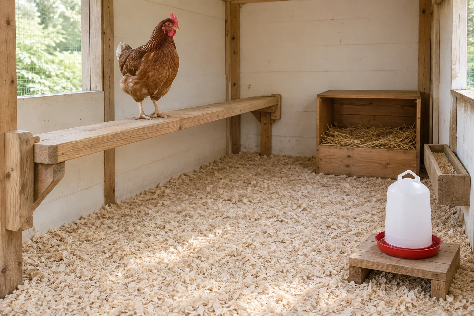 Bruine hen op een houten zitstok in een kippenhok met een legnest, voerbak en drinkbak.