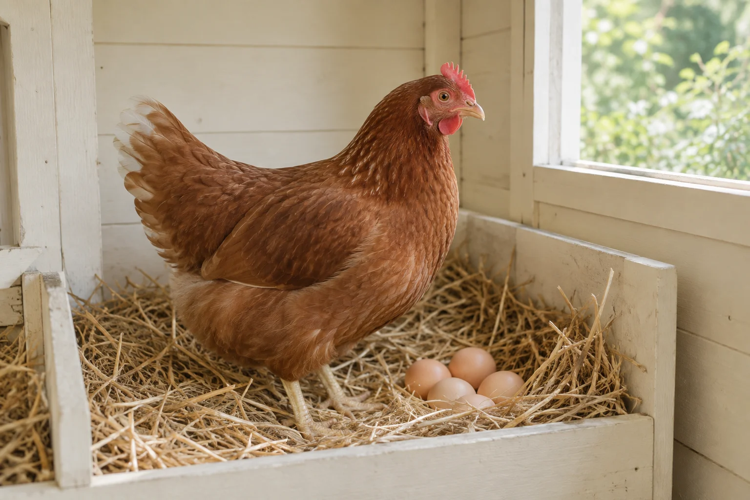 Bruine hen staat bij meerdere eieren in een nest met stro.