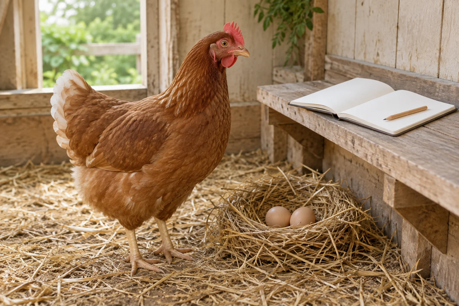Bruine hen naast een nest met twee eieren; op een houten plank liggen een leeg notitieboek en een potlood.