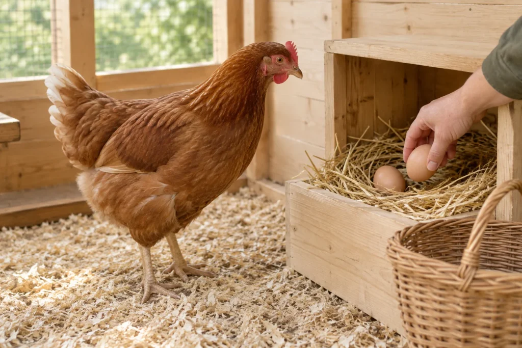 Bruine hen naast een houten legnest met stro, terwijl een hand een ei oppakt. Een rieten mand staat ervoor.