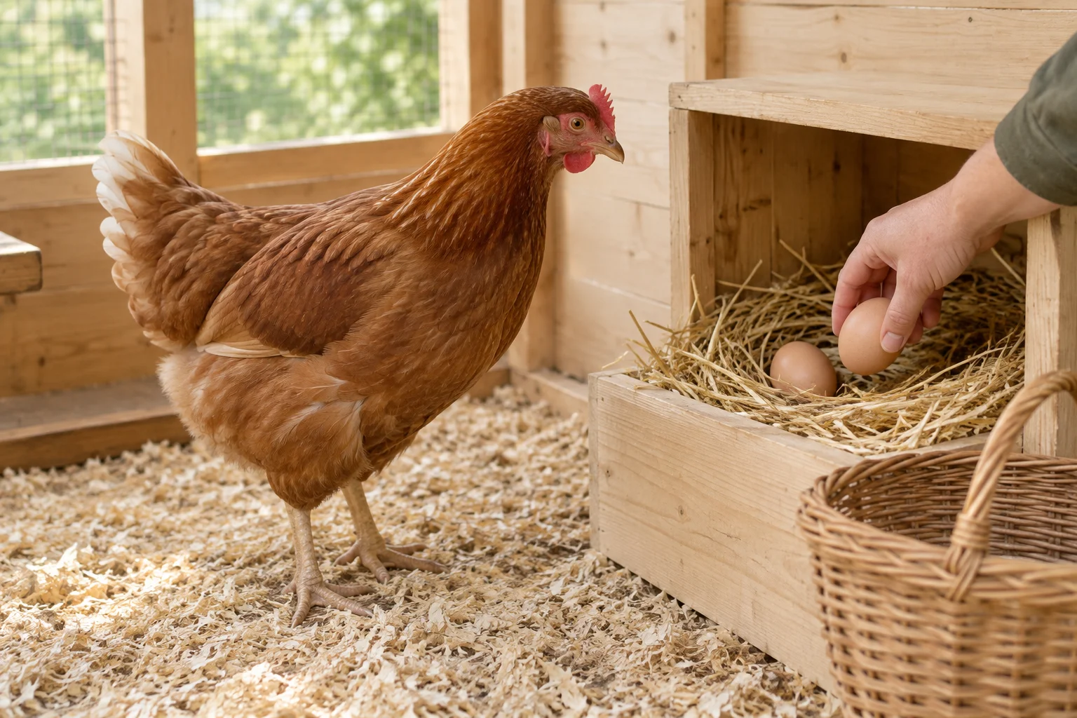 Bruine hen naast een houten legnest met stro, terwijl een hand een ei oppakt. Een rieten mand staat ervoor.