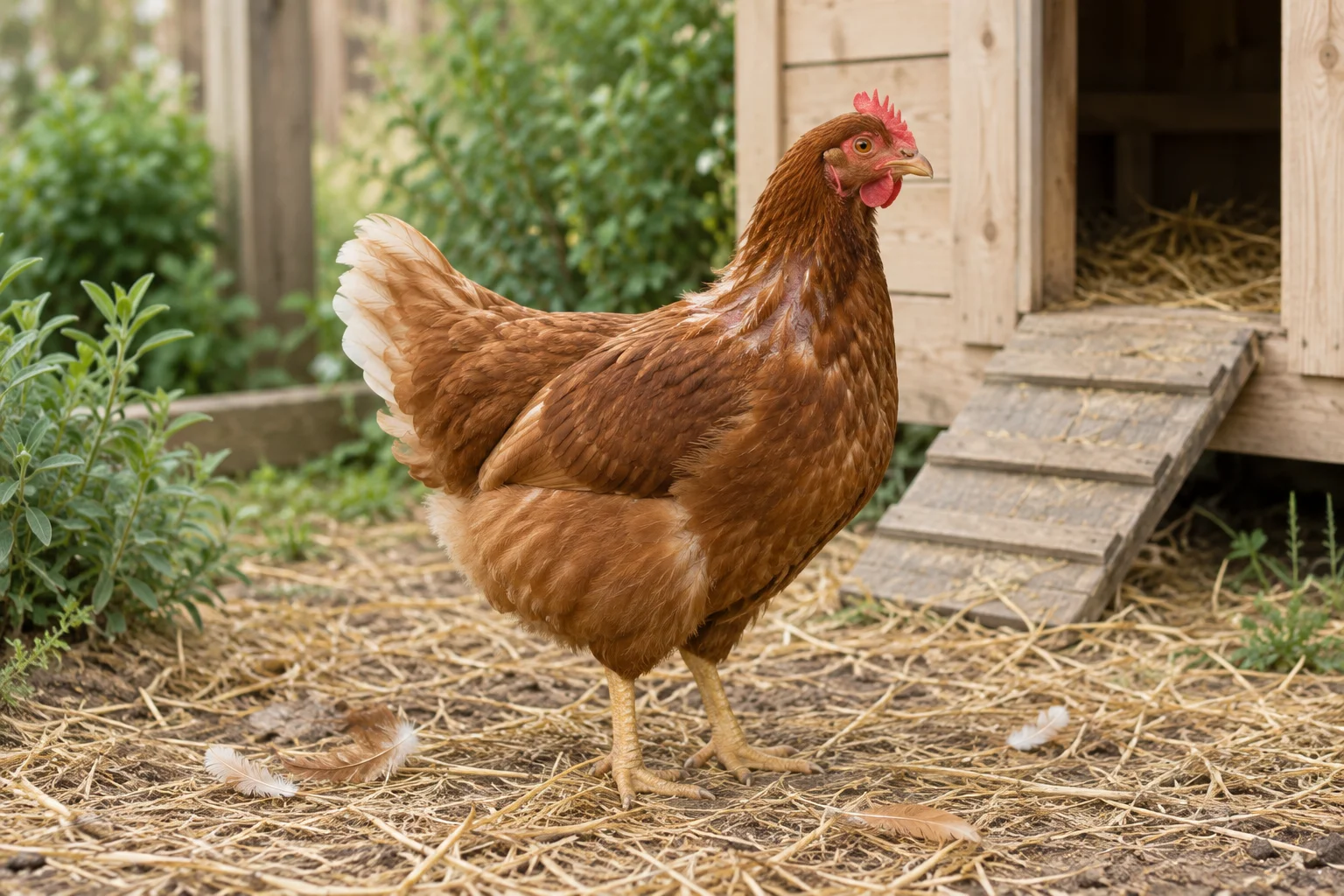 Bruine hen met wat onregelmatige veren bij de hals staat tussen losse veren voor een houten kippenhok.