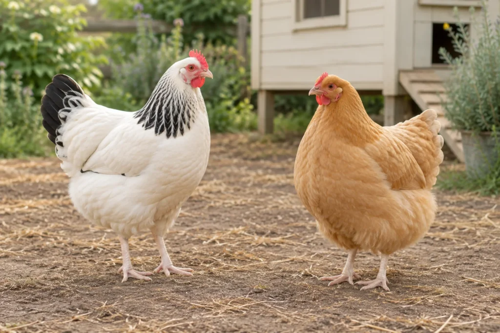 Een witte hen met zwarte halsveren en staart staat naast een lichtbruine hen in een uitloop bij een houten kippenhok.