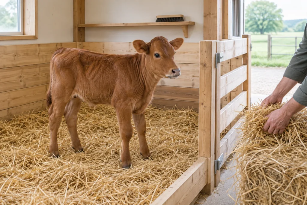Bruin kalf staat op stro in een houten hok, terwijl iemand naast het hek stro vasthoudt.