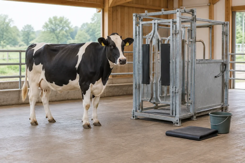 Zwartbonte koe staat in een stal naast een lege klauwbekapbox, een emmer en een opgevouwen mat.