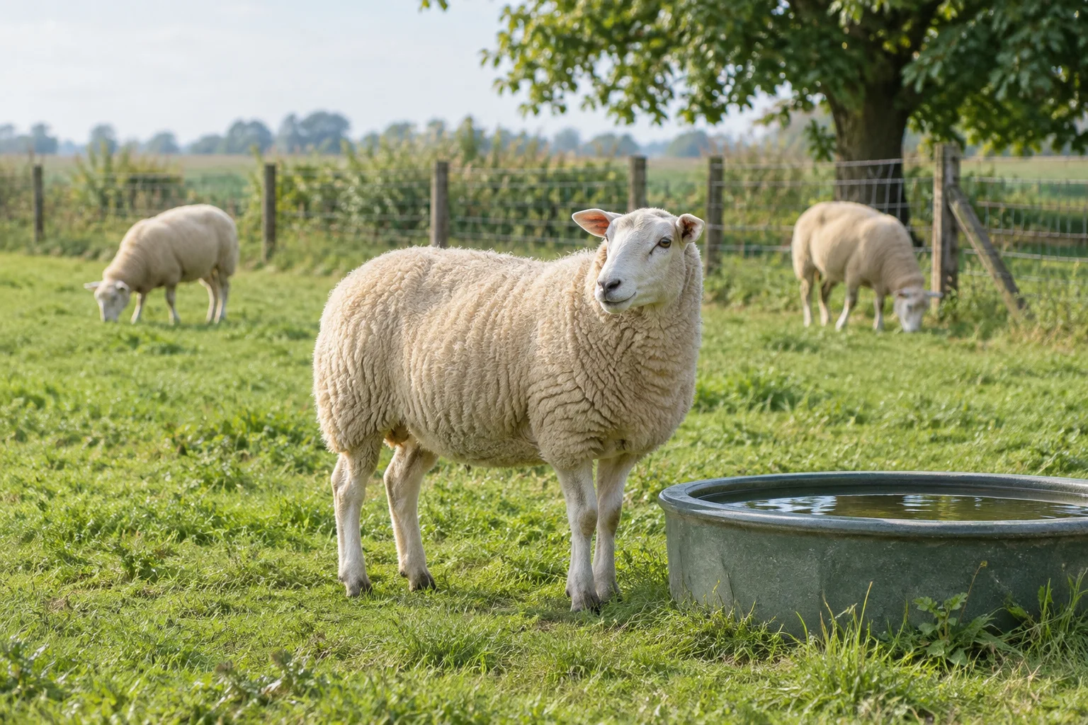 Drie schapen in een groene weide; het voorste schaap staat naast een waterbak, met een hek op de achtergrond.
