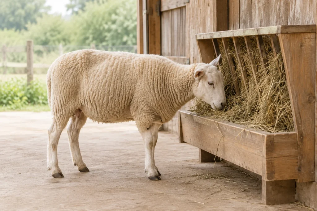 Een wit schaap staat met alle vier de poten zichtbaar bij een houten voerbak met hooi.
