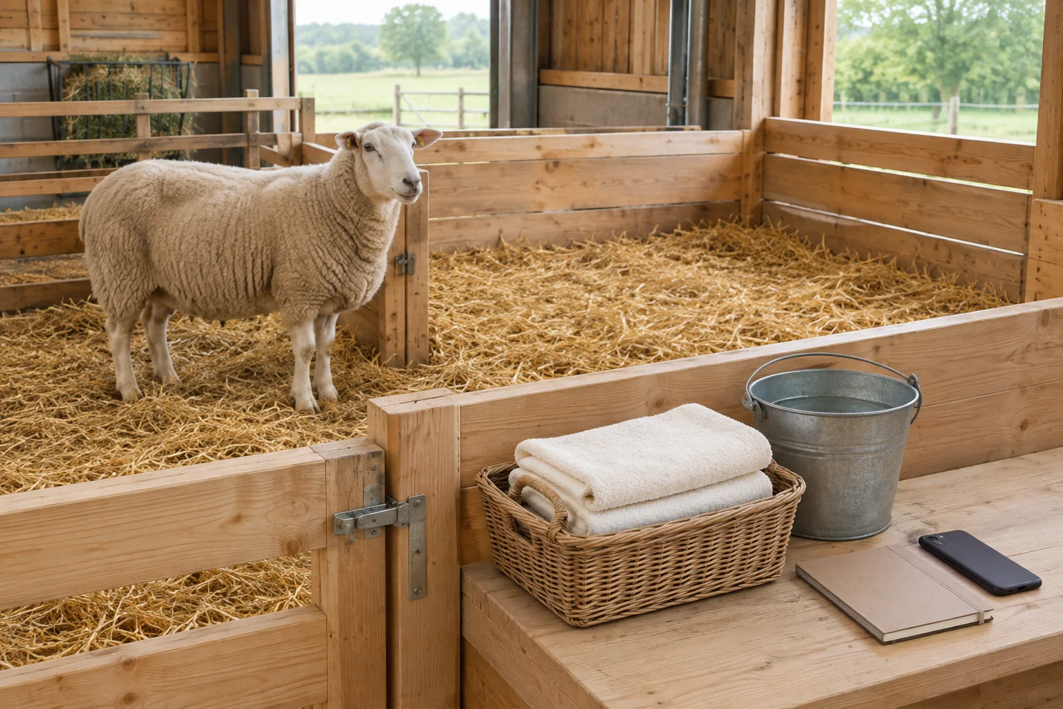 Schaap in een houten stal met stro; op een tafel staan een mand met schone handdoeken, een emmer, een gesloten notitieboek en een telefoon.
