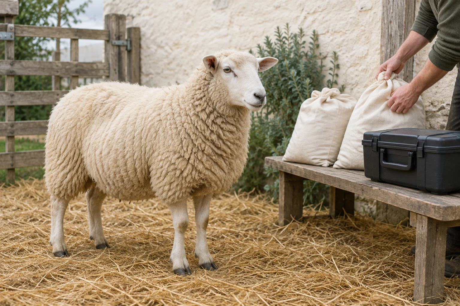 Een schaap met volle vacht staat op stro naast een houten bank met stoffen zakken en een gesloten koffer. Iemand houdt een van de zakken vast.