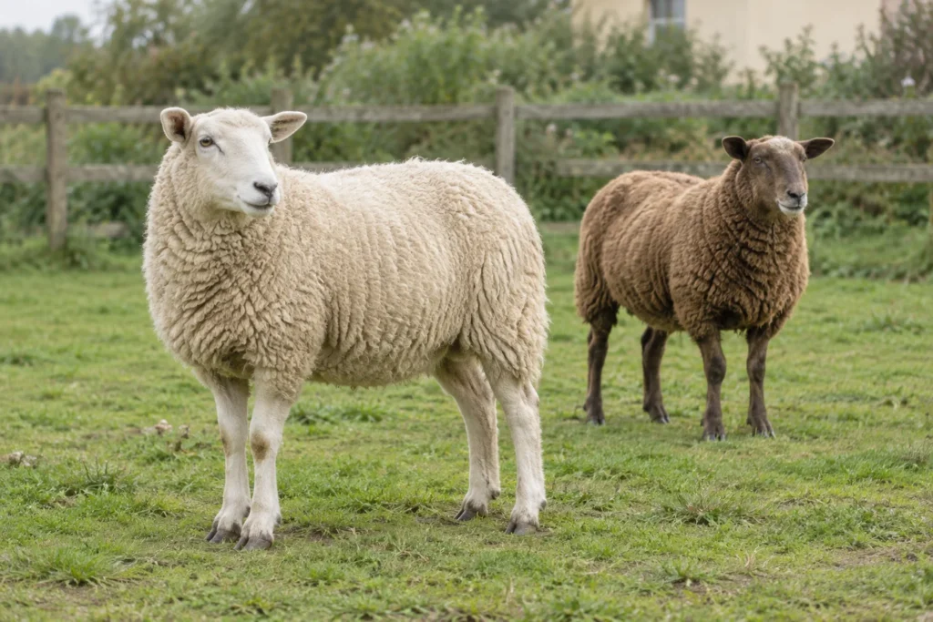 Een wit schaap staat voor een bruin schaap in een grasweide met een houten hek.