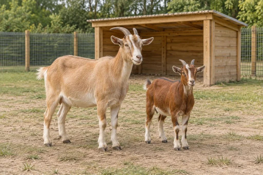 Twee geiten van verschillend formaat in een omheinde weide bij een houten schuilhok.