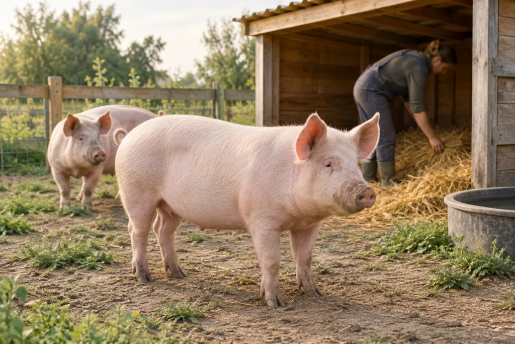Twee varkens bij een houten schuilplek, terwijl iemand stro in het verblijf controleert.
