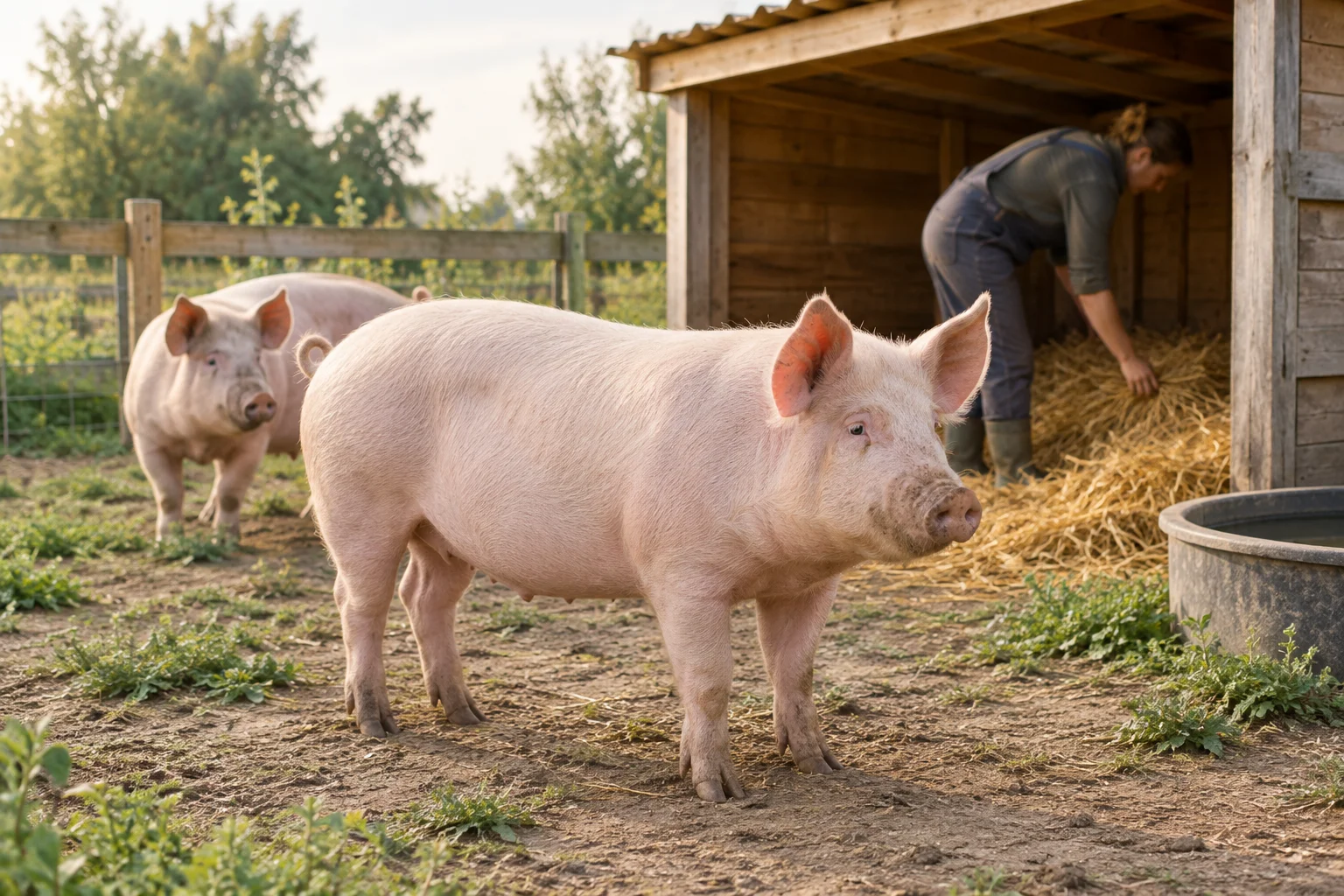 Twee varkens bij een houten schuilplek, terwijl iemand stro in het verblijf controleert.