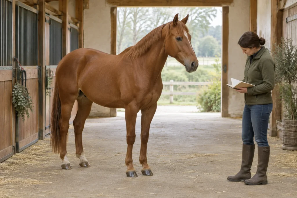 Bruin paard staat met vier zichtbare hoeven in een stalgang, naast een verzorger met een open notitieboek.