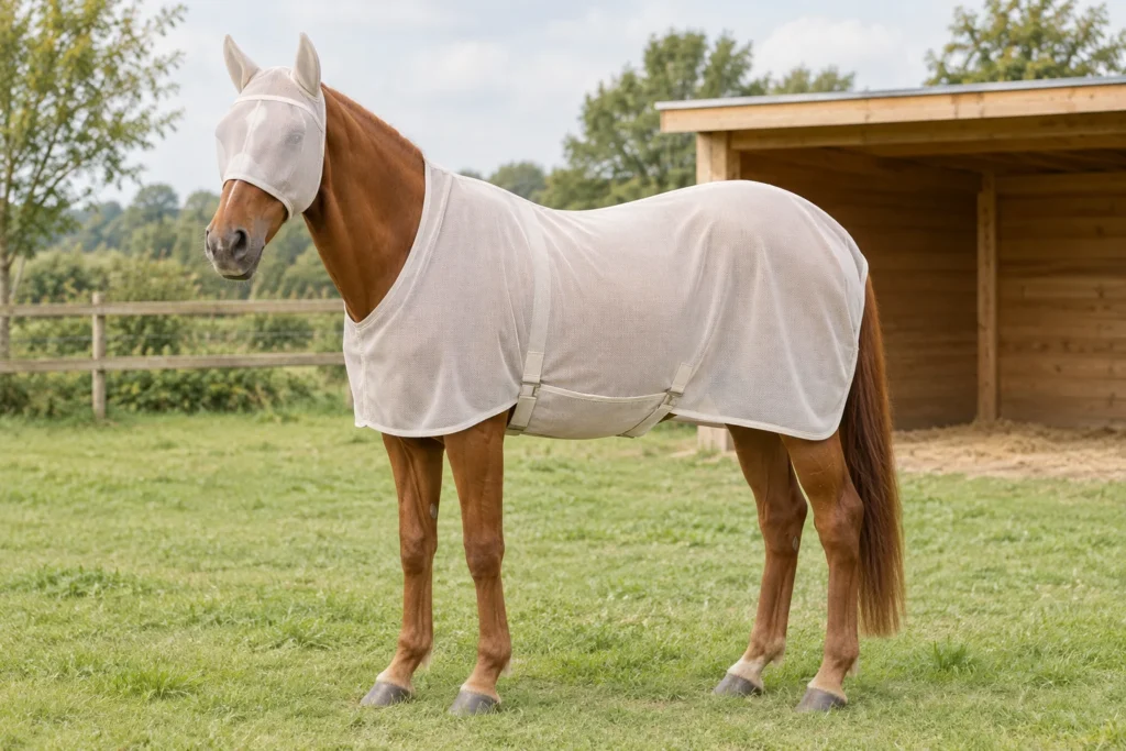 Bruin paard met een licht vliegmasker en vliegendeken in een weiland naast een houten schuilstal.