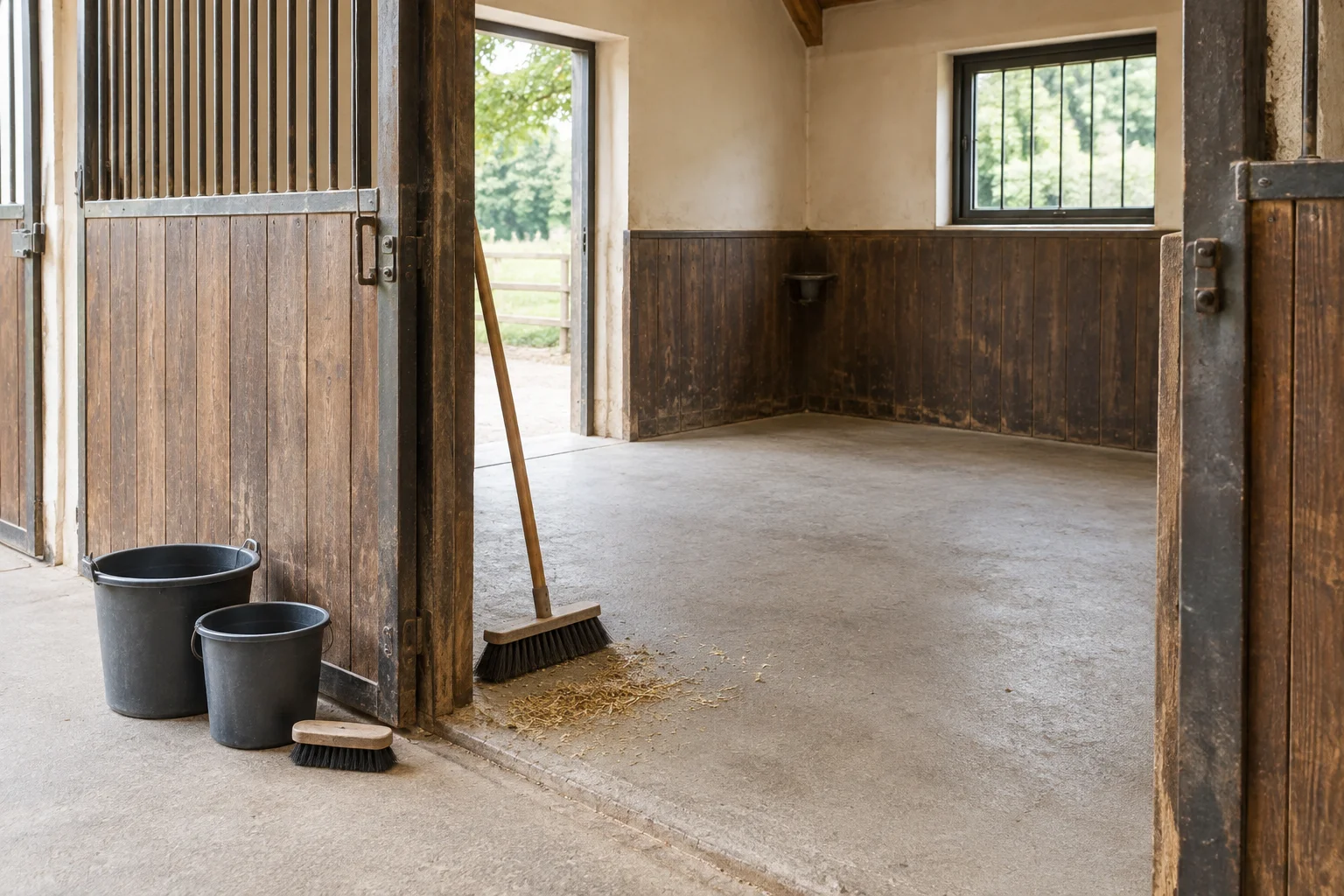 Lege paardenbox met een bezem, twee emmers en een kleine hoop stro op de vloer.