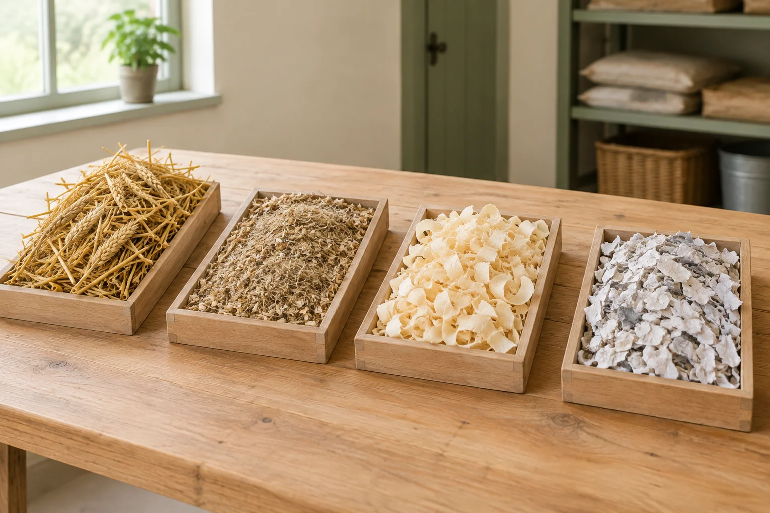 Vier houten bakken met graanhalmen, fijn plantaardig strooisel, houtkrullen en papiersnippers op een houten tafel.