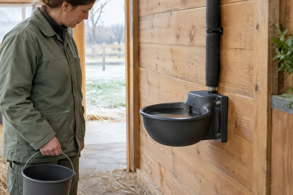 Een persoon met een emmer kijkt naar een drinkbak met water aan een houten stalwand. Boven de bak is een omhulde leiding zichtbaar.