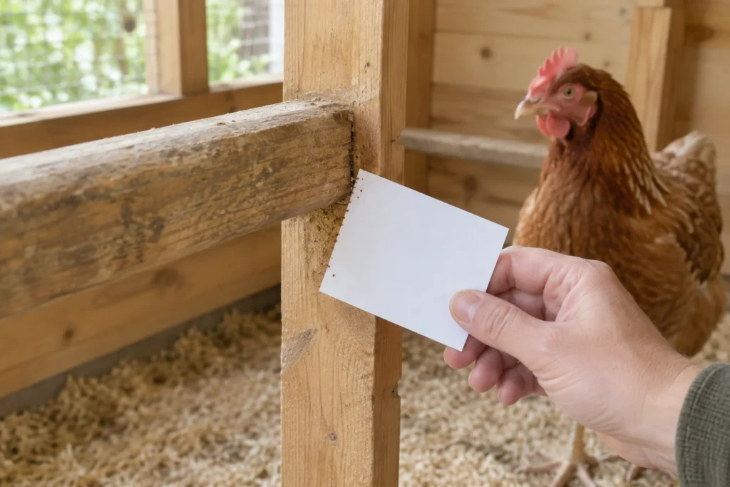 Een hand houdt een wit kaartje bij een naad van een houten zitstok. Kleine roodbruine stipjes zijn zichtbaar; een bruine kip staat op de achtergrond.