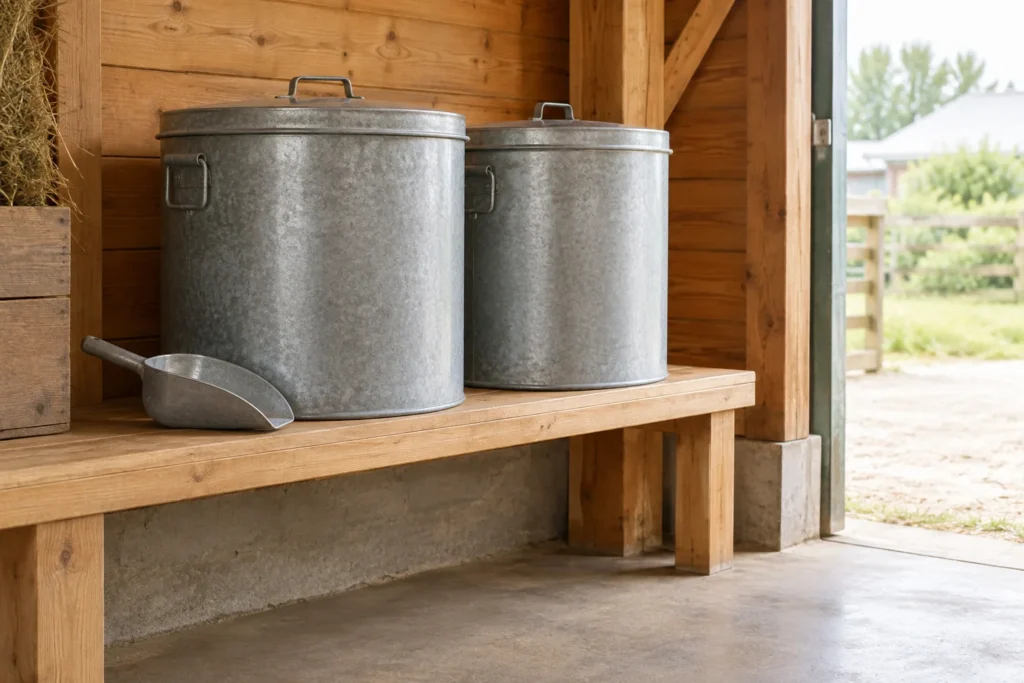 Twee gesloten metalen voercontainers en een schep op een houten plank in een schuur met een schone vloer.