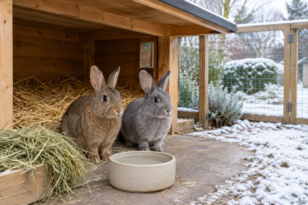 Twee konijnen zitten bij een houten schuilplek met stro, hooi en een waterbak; buiten ligt sneeuw.