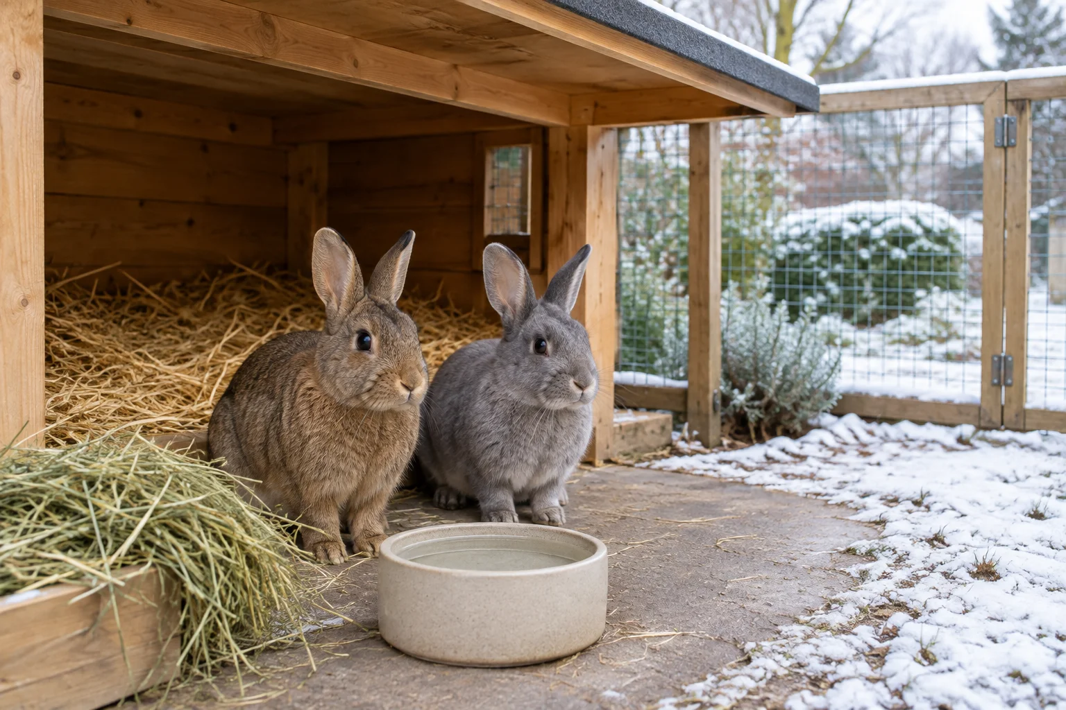 Twee konijnen zitten bij een houten schuilplek met stro, hooi en een waterbak; buiten ligt sneeuw.