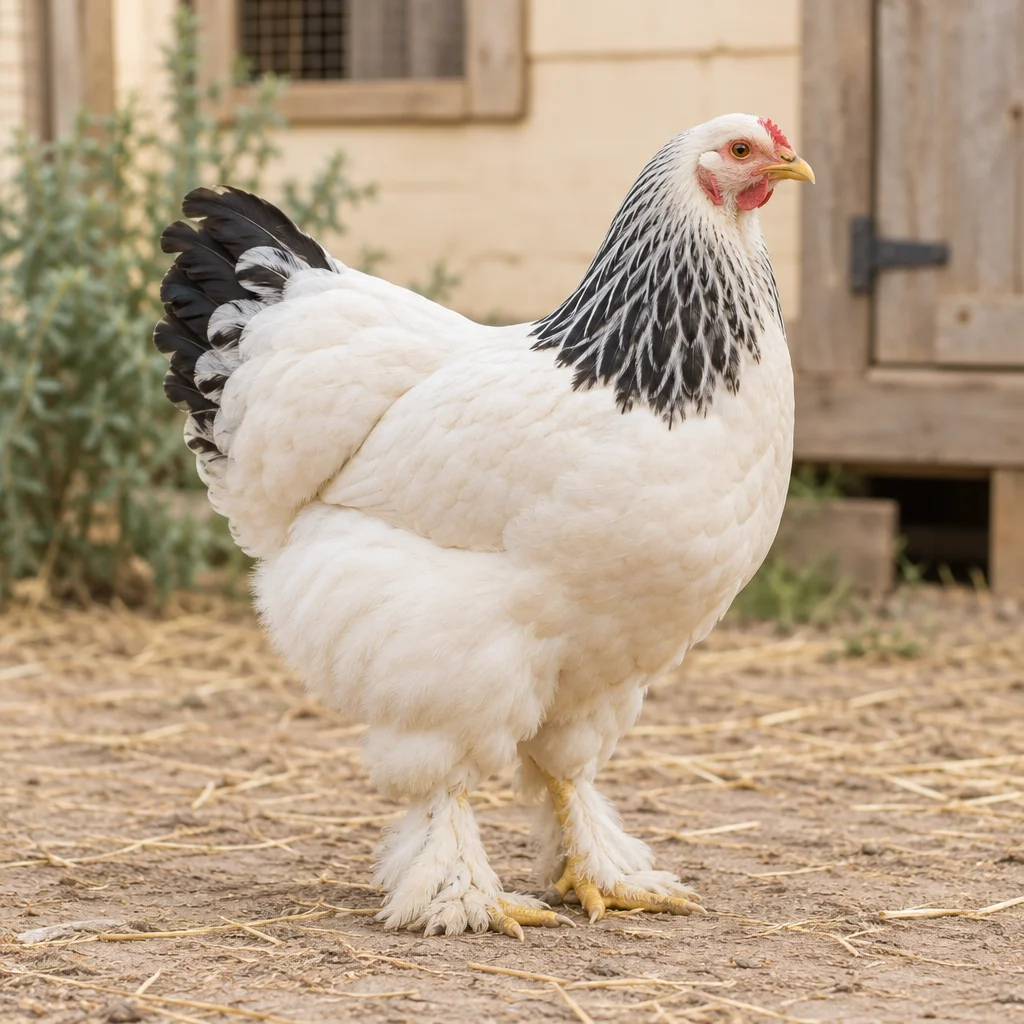 Een grote wit met zwarte kip met bevederde poten staat op droge grond voor een houten kippenhok.
