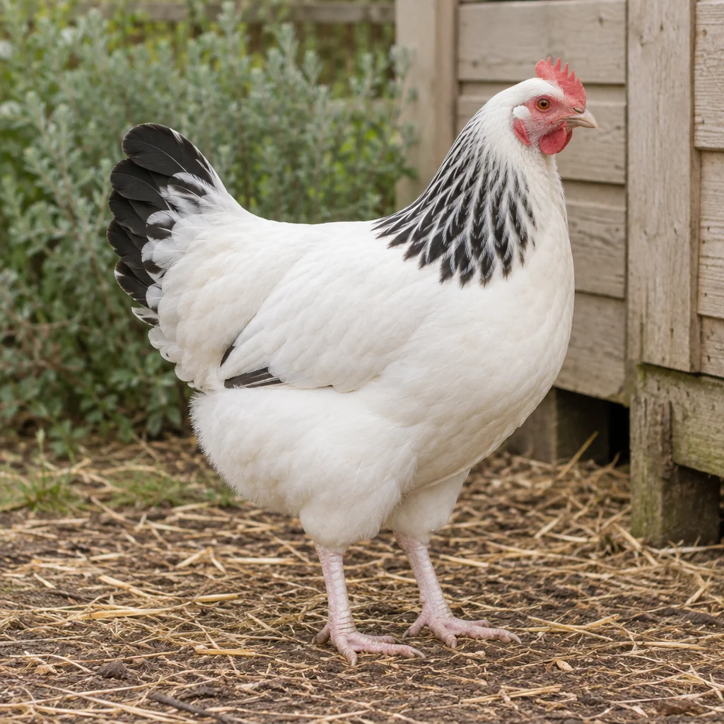 Witte hen met zwart gestreepte halsveren en een zwarte staart, staand op stro en aarde naast een houten kippenhok.
