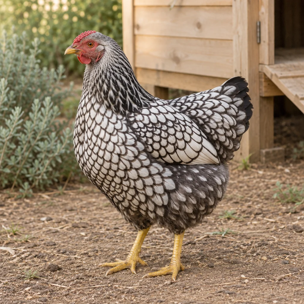 Illustratie van een zilver zwartgezoomde Wyandotte hen met gele poten bij een kippenhok.