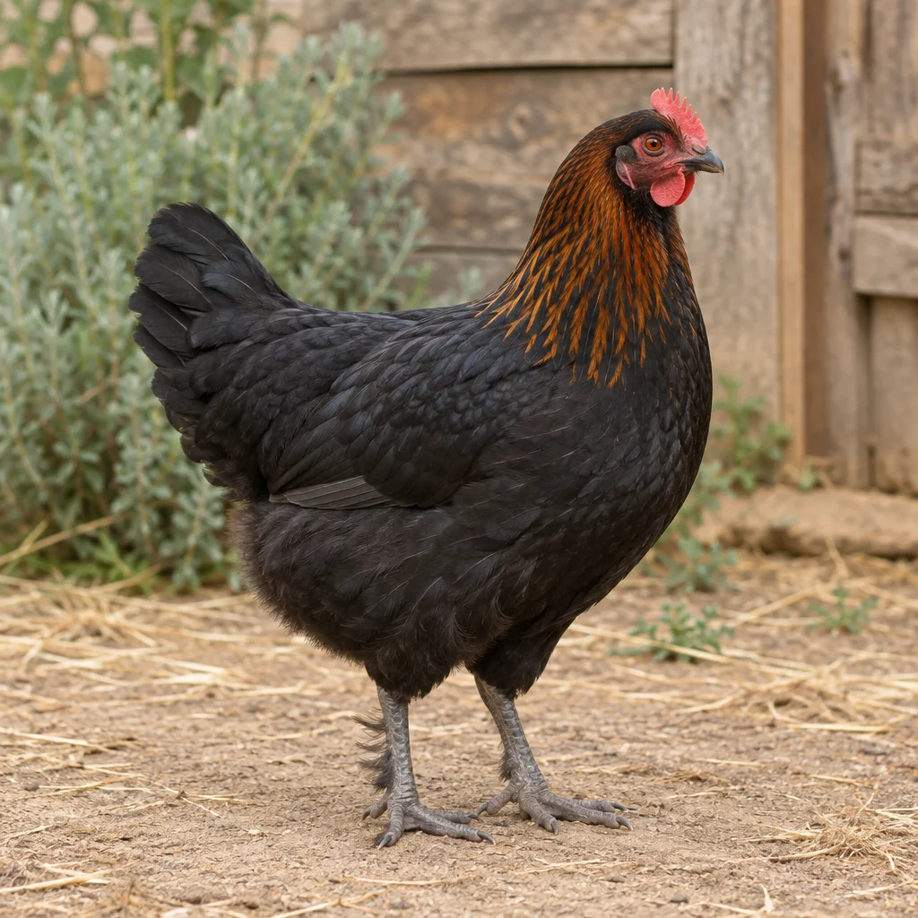 Zwarte hen met koperkleurige halsveren, een rode kam en licht bevederde poten op een erf met houten wand.