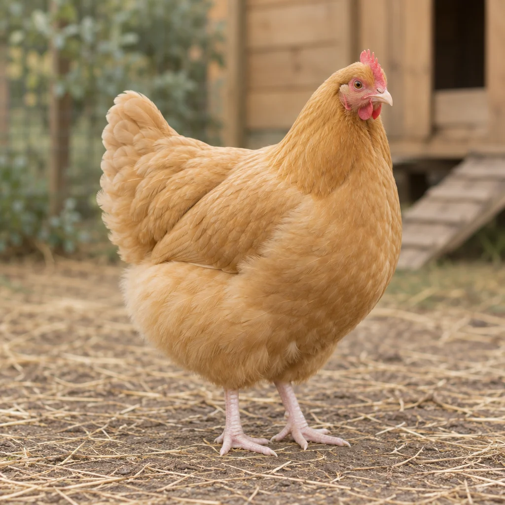 Een goudgele hen staat met haar hele lichaam en beide poten zichtbaar op stro en aarde, met een houten kippenhok op de achtergrond.