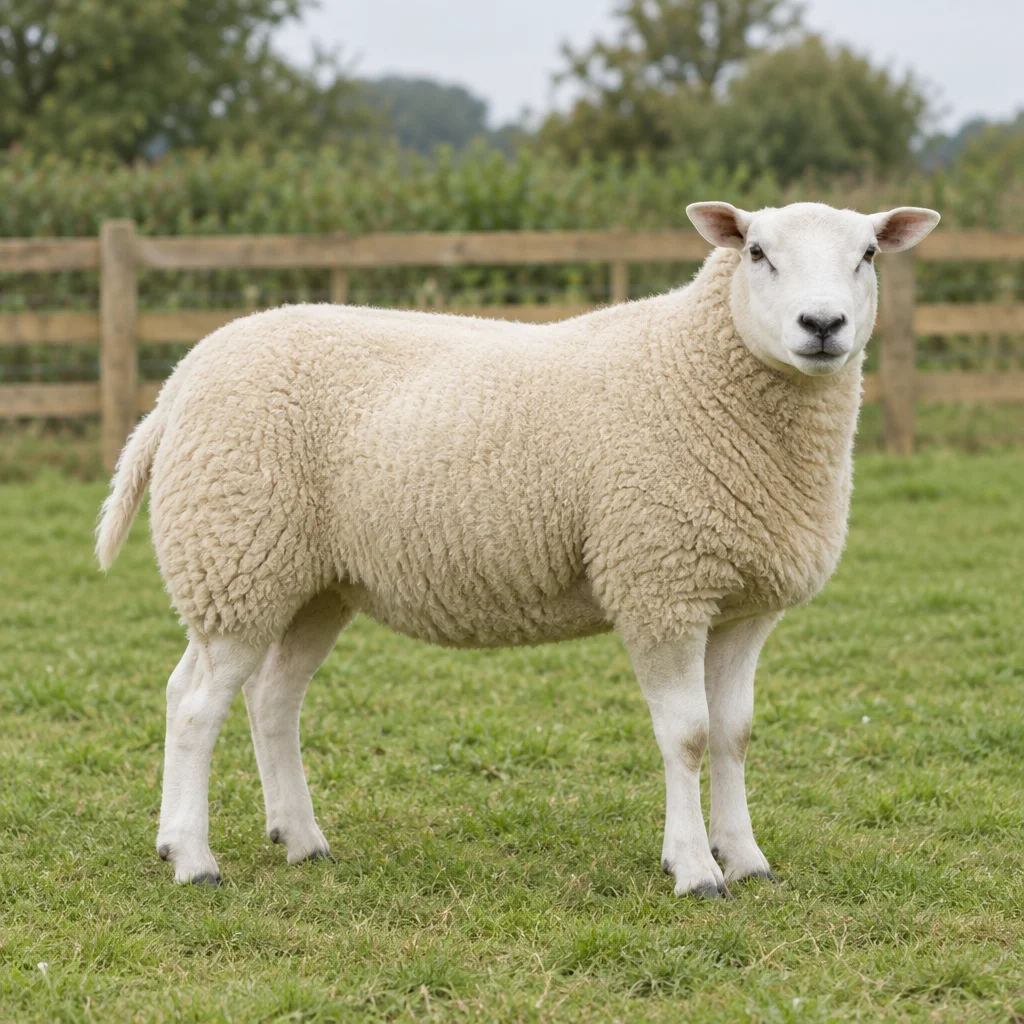 Wit schaap met een zwarte neus staat volledig in beeld op gras, voor een houten hek.