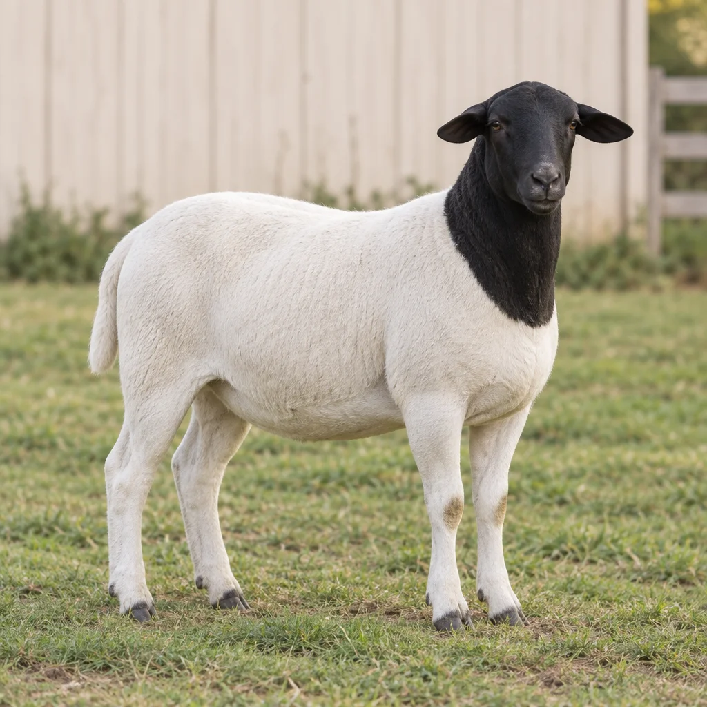 Een schaap met een zwarte kop en hals en een wit lichaam staat met alle vier de poten zichtbaar in een grasveld voor een lichte schuur.